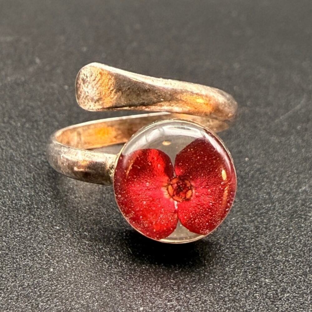 Shrieking Violet 925 Sterling Silver Red Poppy Resin Bypass Wrap Ring Size 6